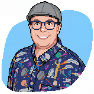 Pixel-art portrait of MikeDemo wearing glasses, a cap, and a patterned jacket